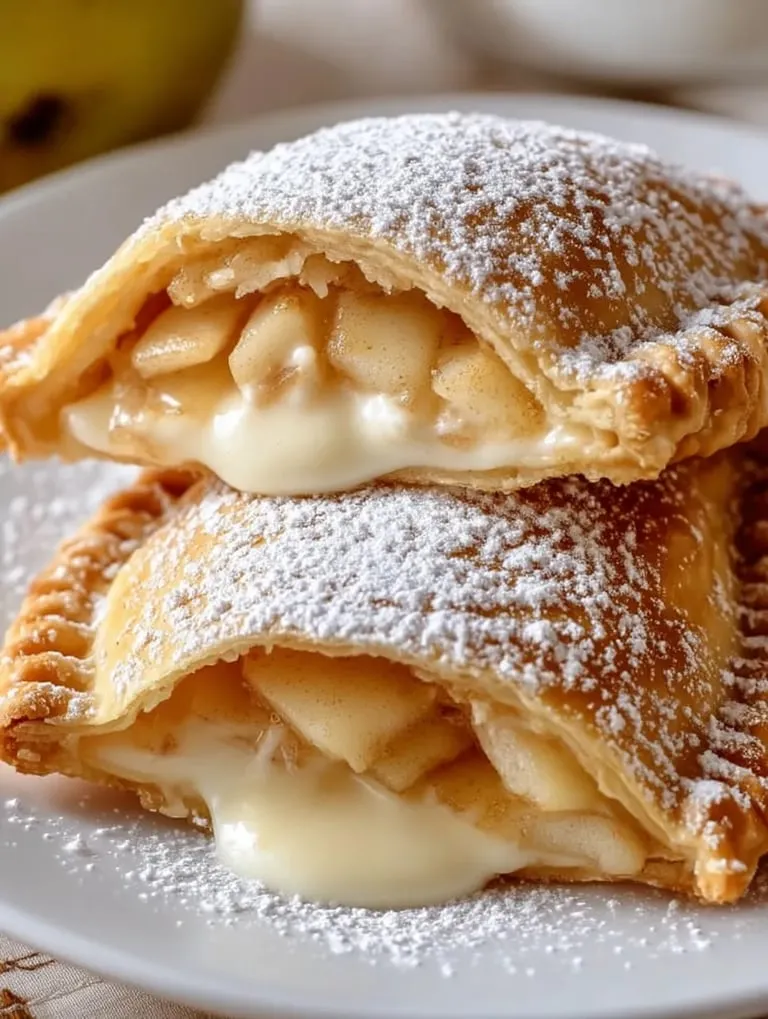 Zwei gefüllte Käsekuchen-Apfeltaschen.