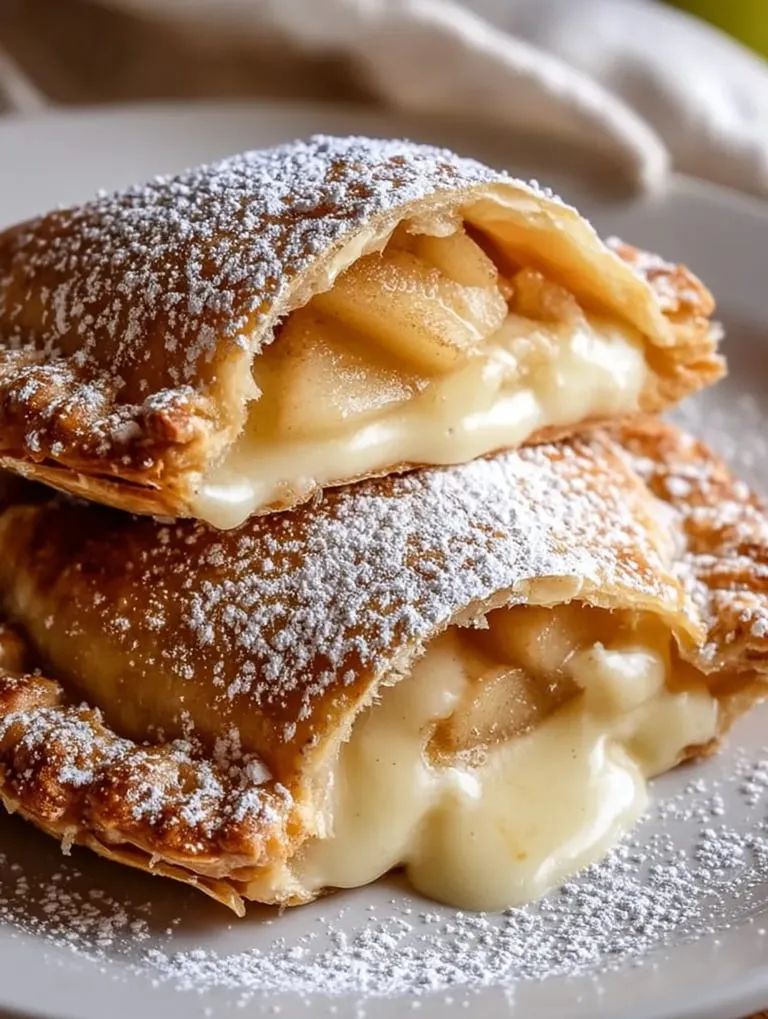 Zwei Stück gefüllte Käsekuchen-Apfeltaschen.