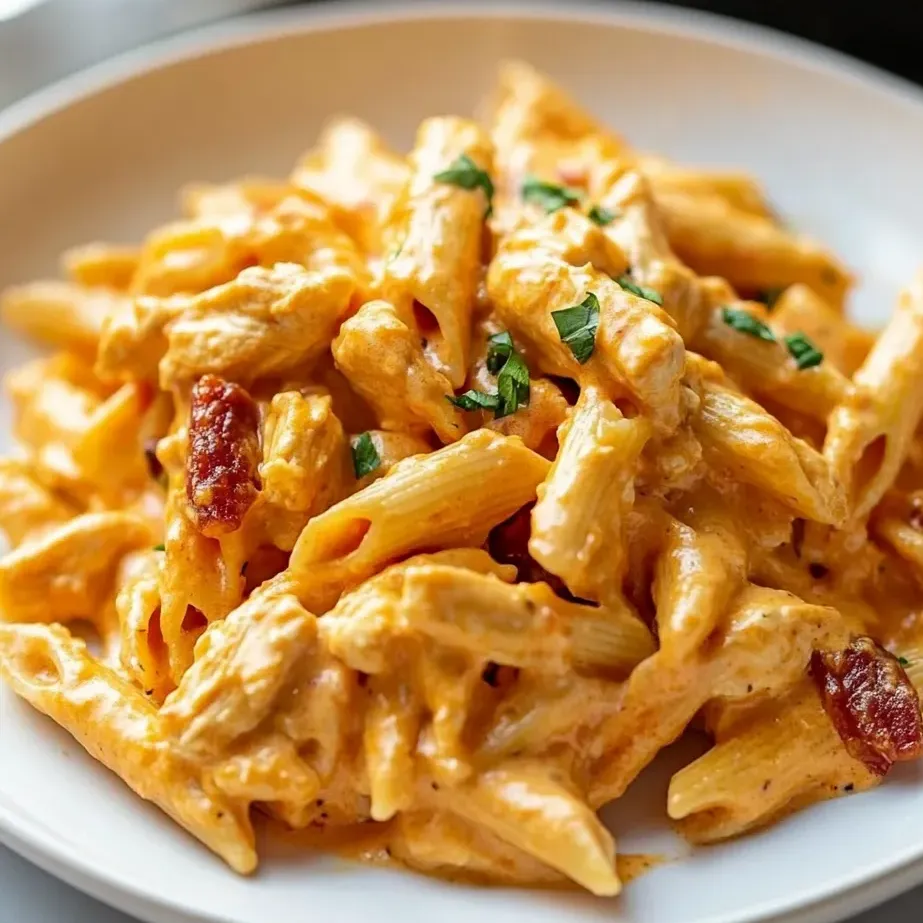 Ein Teller Nudeln mit Hähnchen und Sauce.