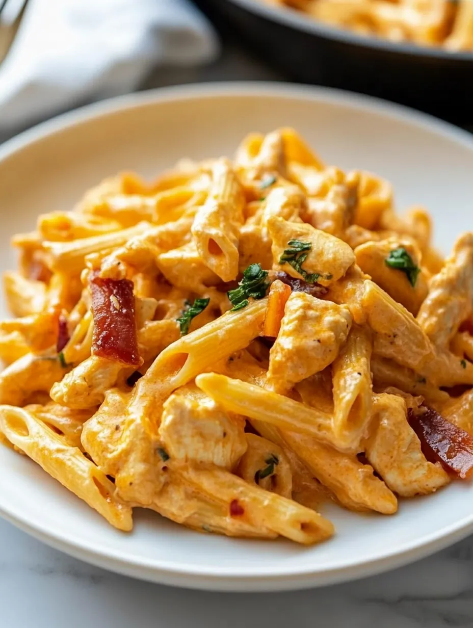 Ein Teller Pasta mit Hähnchen und Käse.