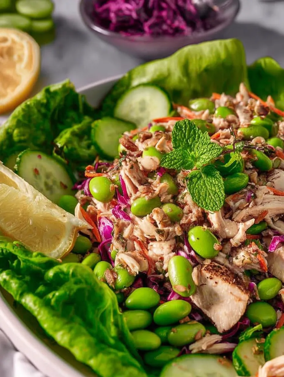 Ein proteinreicher Hühnchen-Edamame-Salat Rezept.