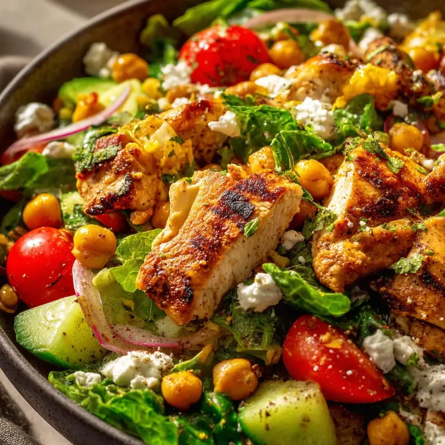 Eine Nahaufnahme eines Salats mit Hähnchen und Kichererbsen.
