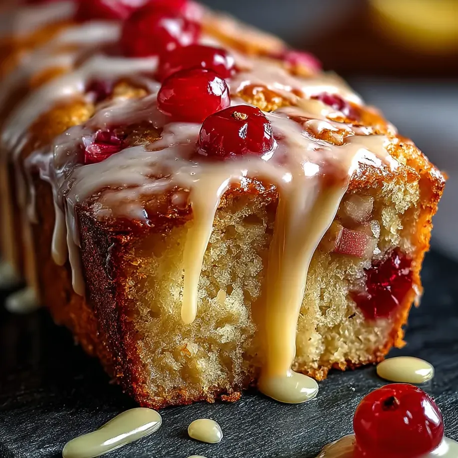 Eine Scheibe Zitronen-Rhabarber-Kuchen mit Glasur.