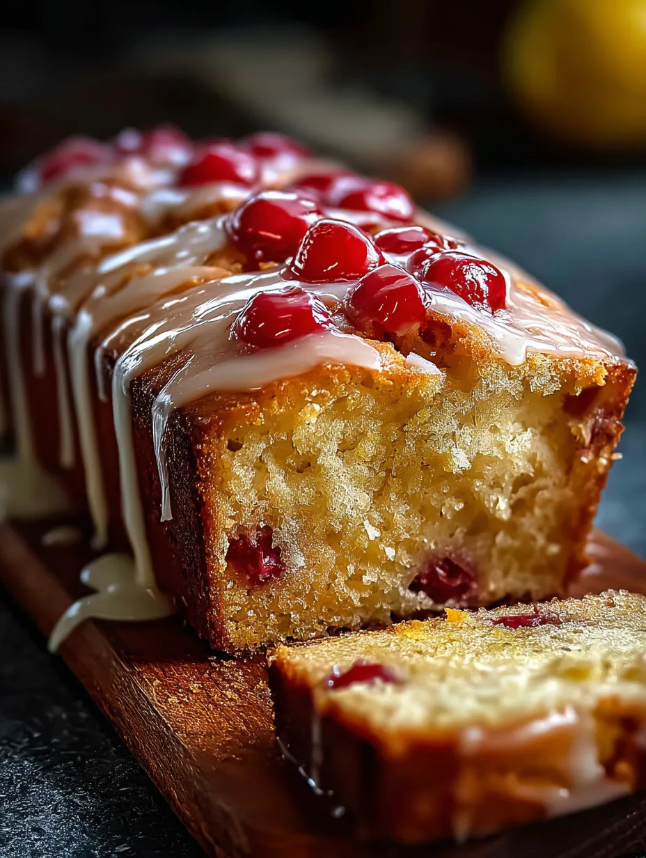 Ein Stück Zitronen-Rhabarber-Kuchen mit Glasur.