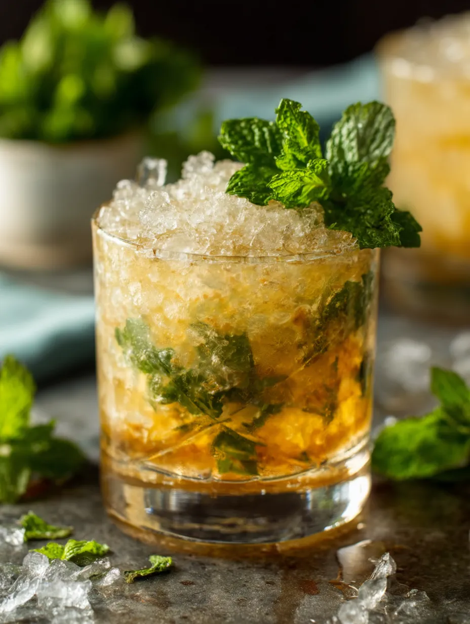 Ein Glas klassischer Minz-Julep mit einem Minzzweig als Dekoration.