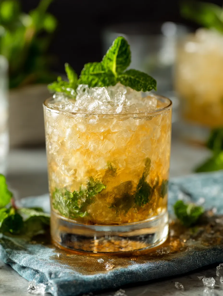 Ein Glas Minz-Julep mit einem Minzzweig als Dekoration.