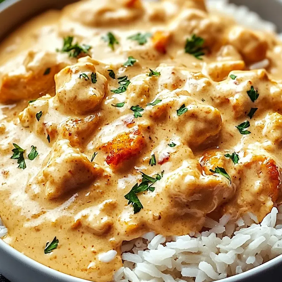Eine Schüssel mit cremigem Hähnchen und Reis.