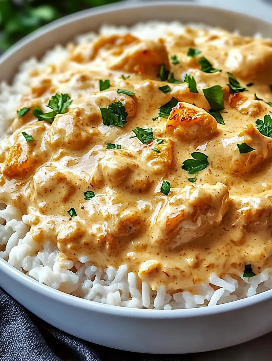 Eine Schüssel Reis und Hähnchen mit cremiger Soße.