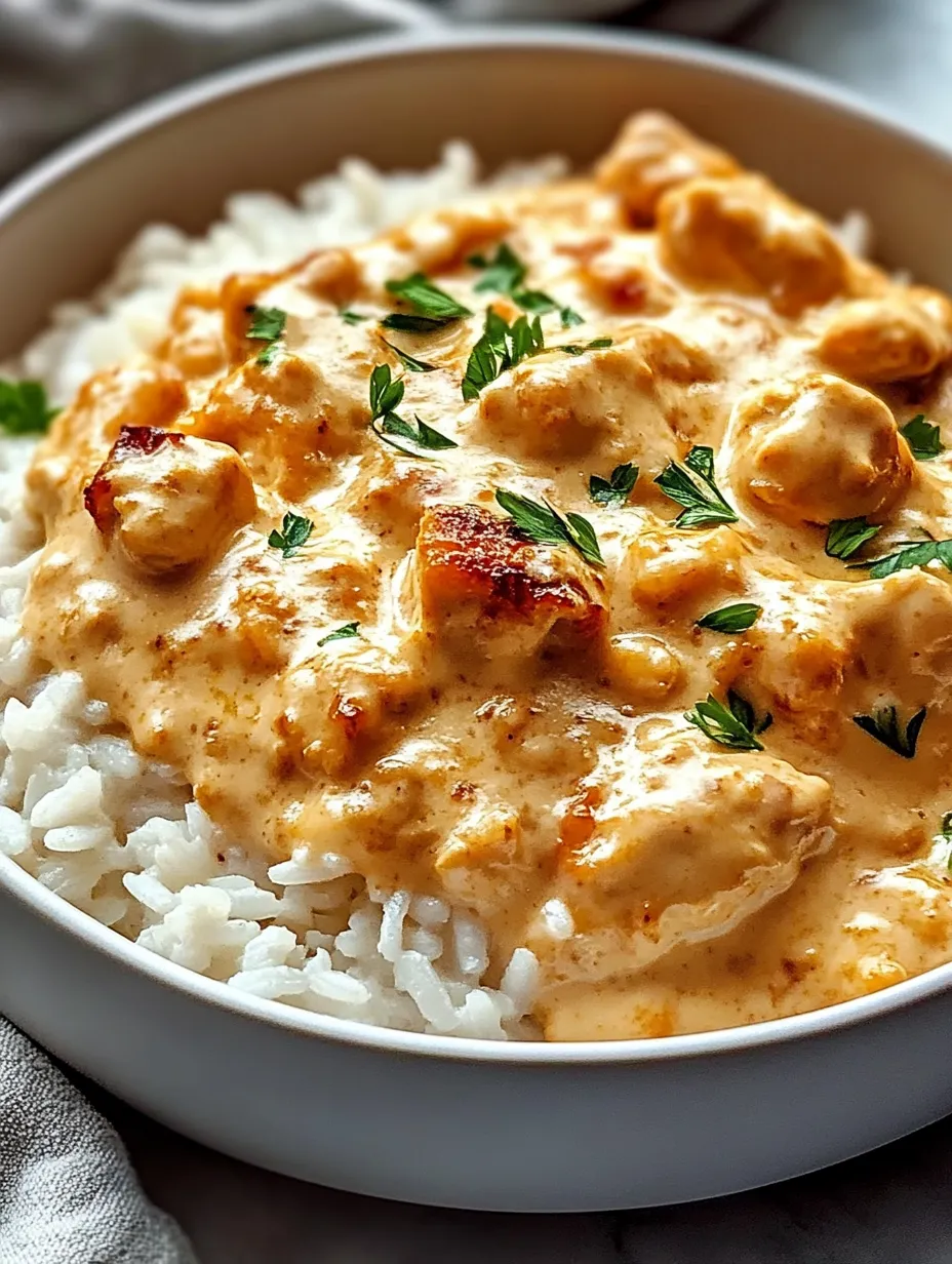 Eine Schüssel Reis und Hähnchen mit cremiger Soße.