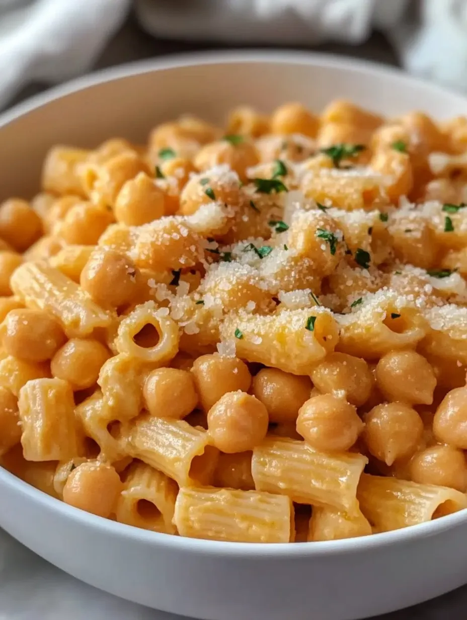 Eine Schüssel Pasta mit Kichererbsen.