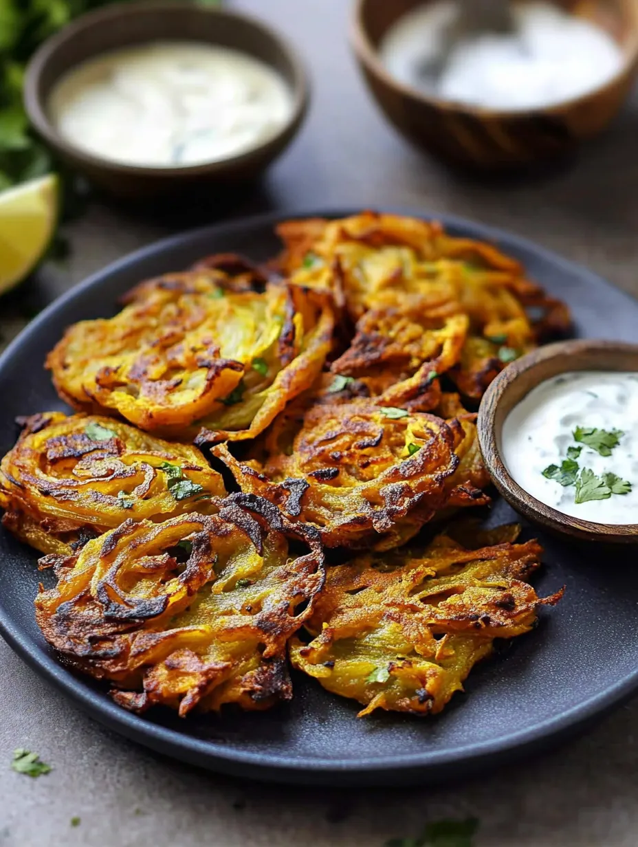Ein Teller mit indischen Zwiebel-Bhajis.