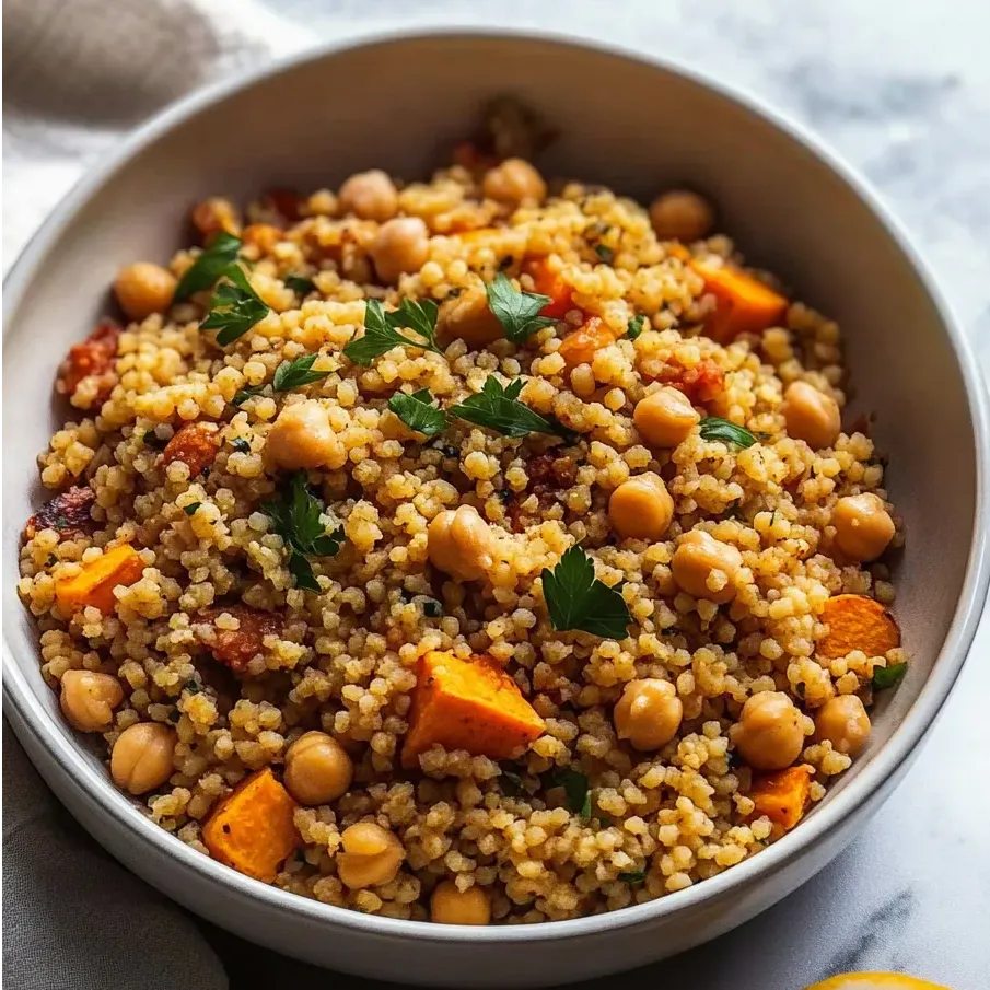 Eine Schüssel Marokkanischer Couscous mit Süßkartoffel.