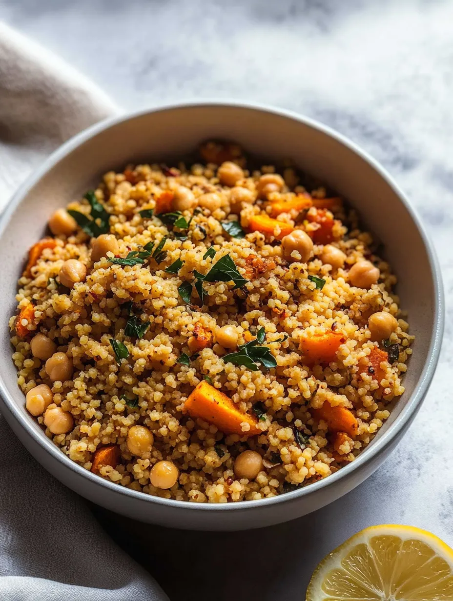 Eine Schüssel mit marokkanischem Couscous-Süßkartoffel-Gericht.