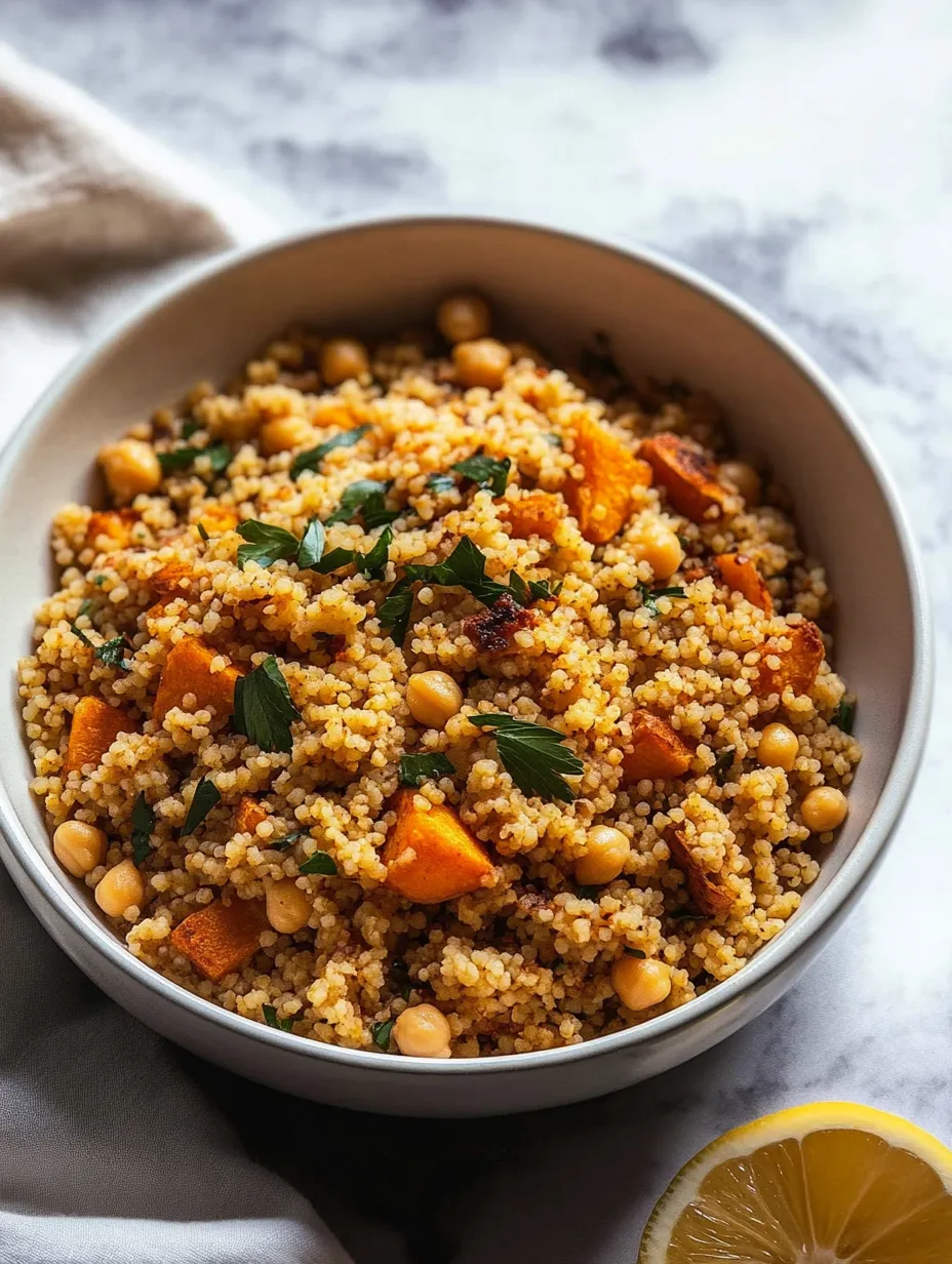 Eine Schüssel Marokkanischer Couscous mit Süßkartoffel.