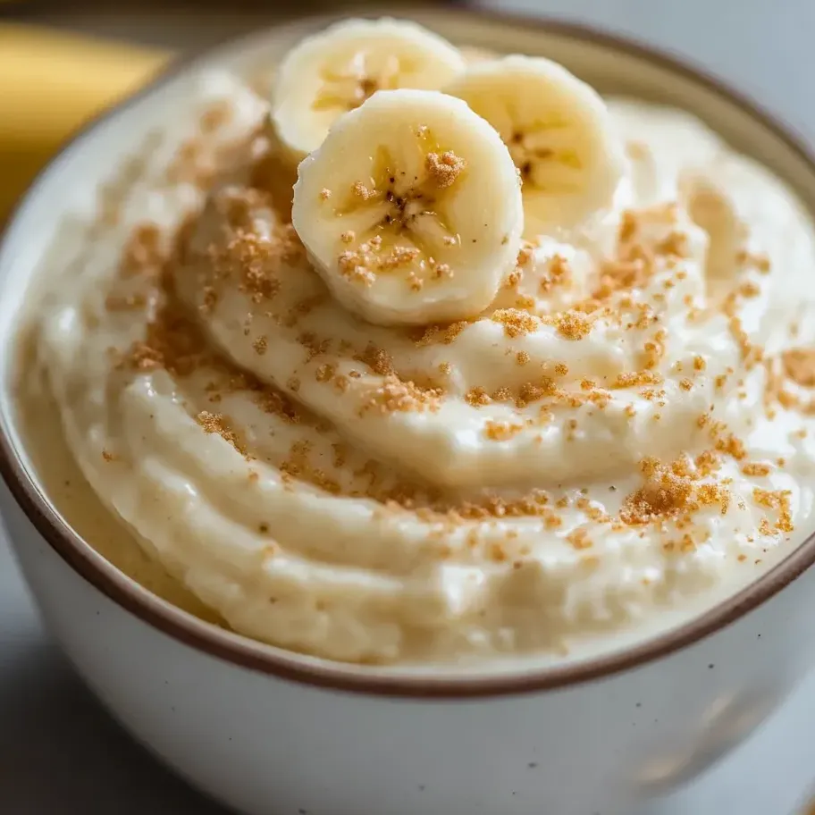Eine Schüssel Quark mit Bananen obendrauf.