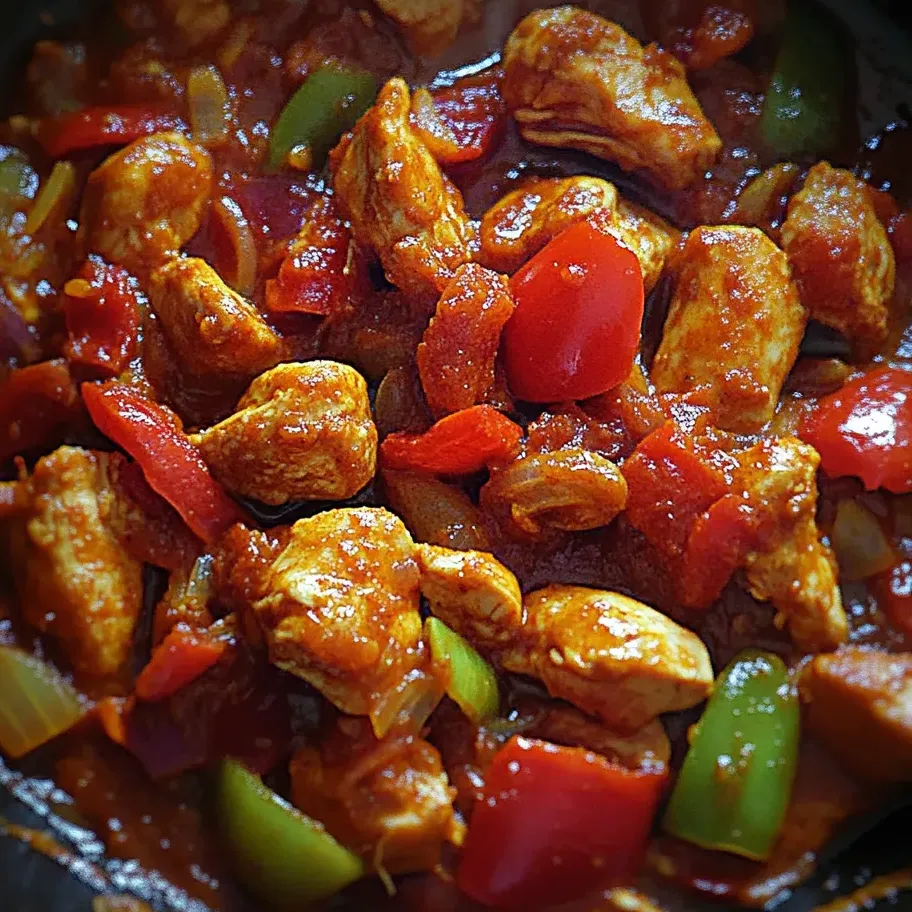 Ein Gericht mit Hähnchen und Paprika in einer Pfanne.