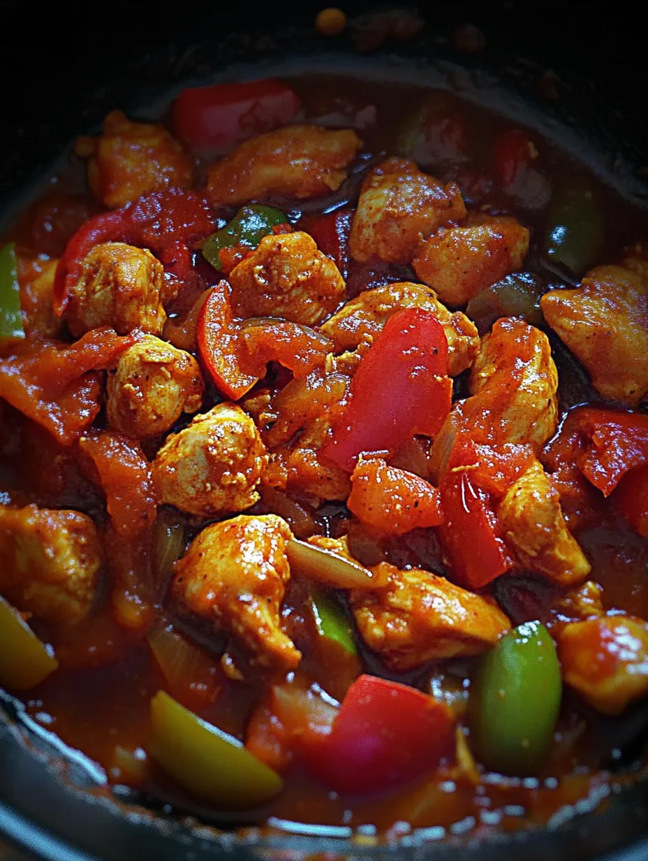 Ein Gericht mit Hähnchen und Paprika.