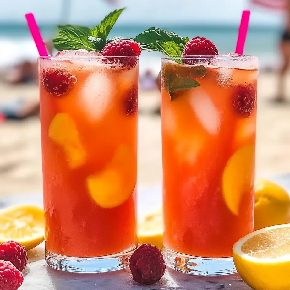 Zwei Gläser Himbeer-Pfirsich-Limonade auf einem Tisch.