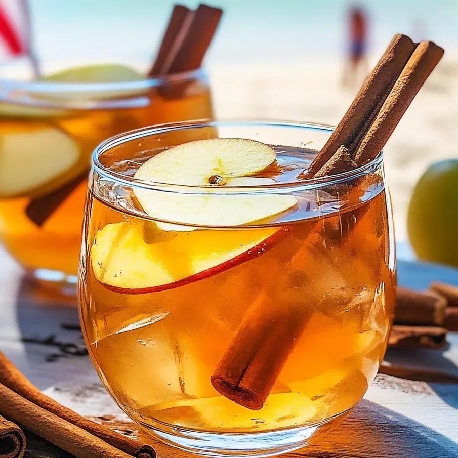 Ein Glas Apfel-Zimt-Tee mit einer Zimtstange darin.