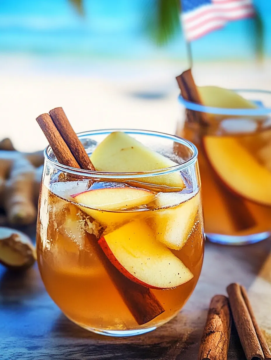Ein Glas Apfel-Zimt-Tee mit einem Zimtstängel darin.