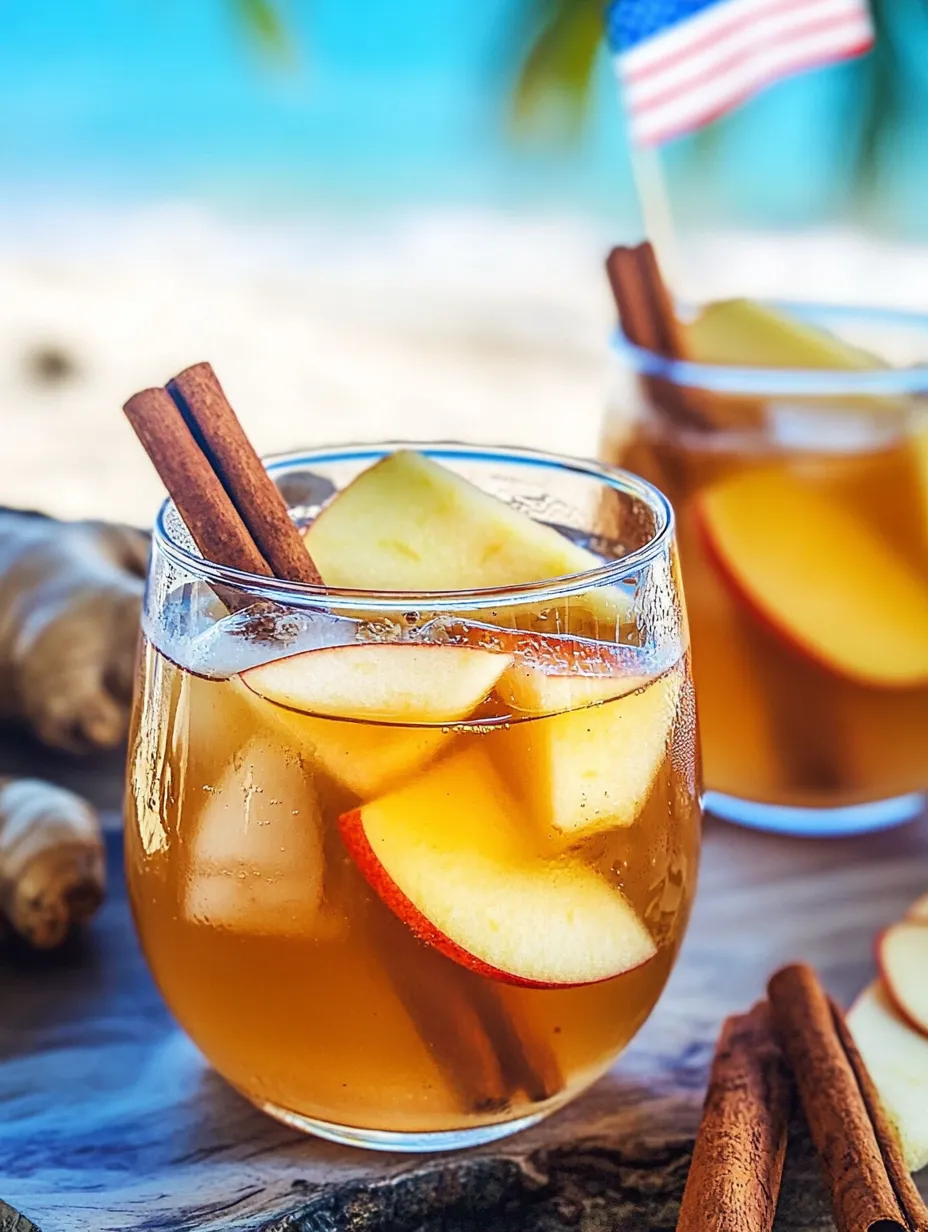 Ein Glas Apfel-Zimt-Tee mit einem Zimtstängel darin.