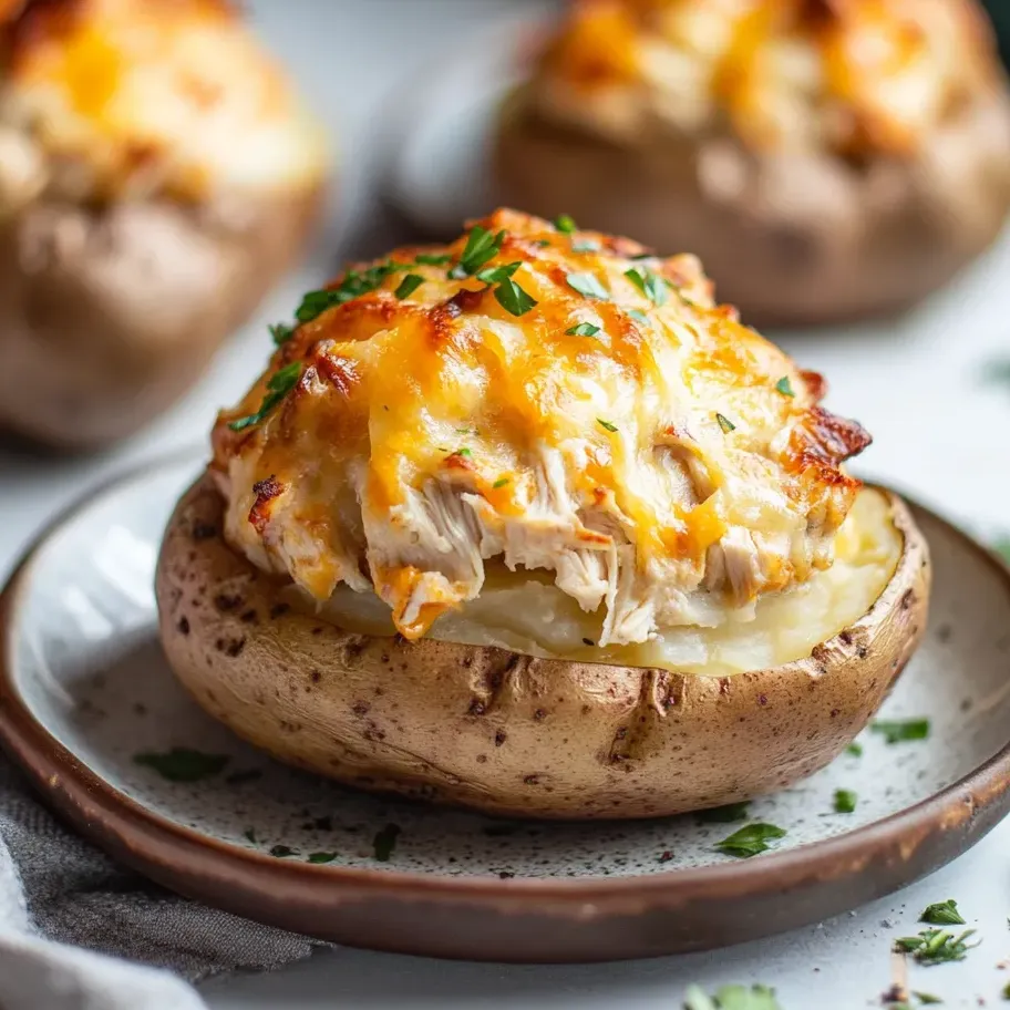 Ein Teller mit einer gebackenen Kartoffel mit Hähnchen und Käse obendrauf.