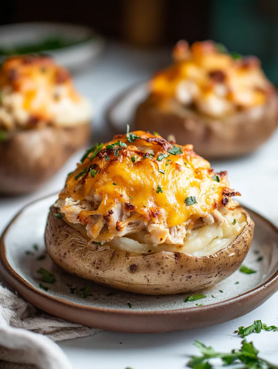 Ein Teller mit gefüllten Kartoffeln und Käse.