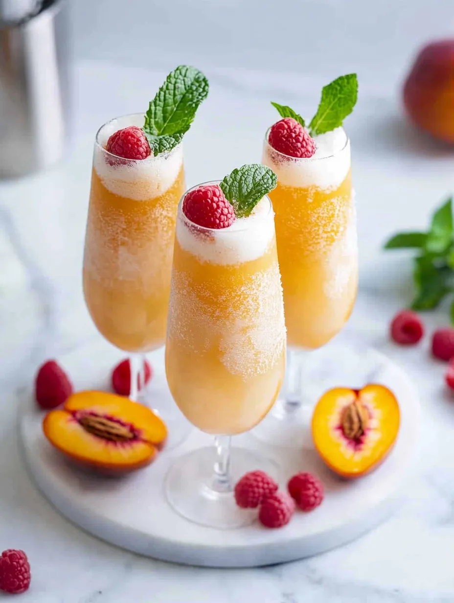 Drei Gläser Pfirsich-Bellini ohne Alkohol.