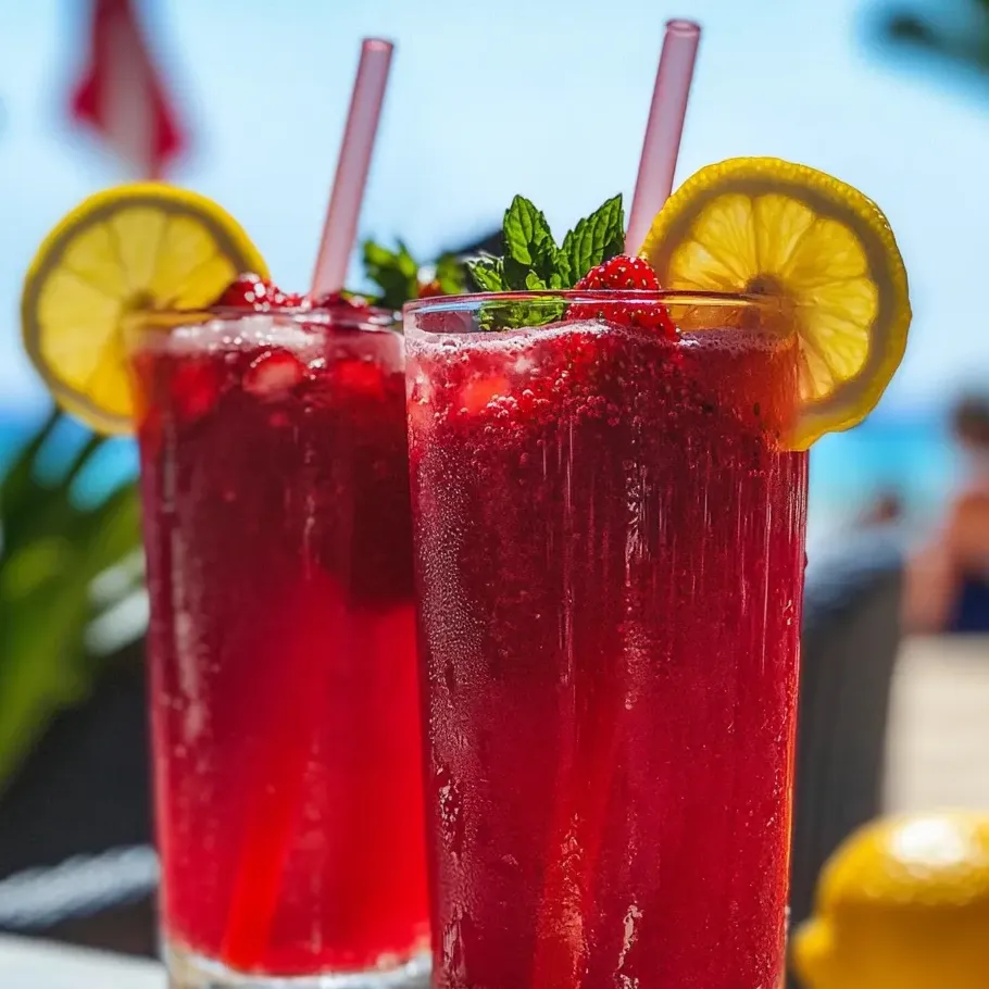 Zwei Gläser Erdbeerlimonade mit Zitronenscheiben.