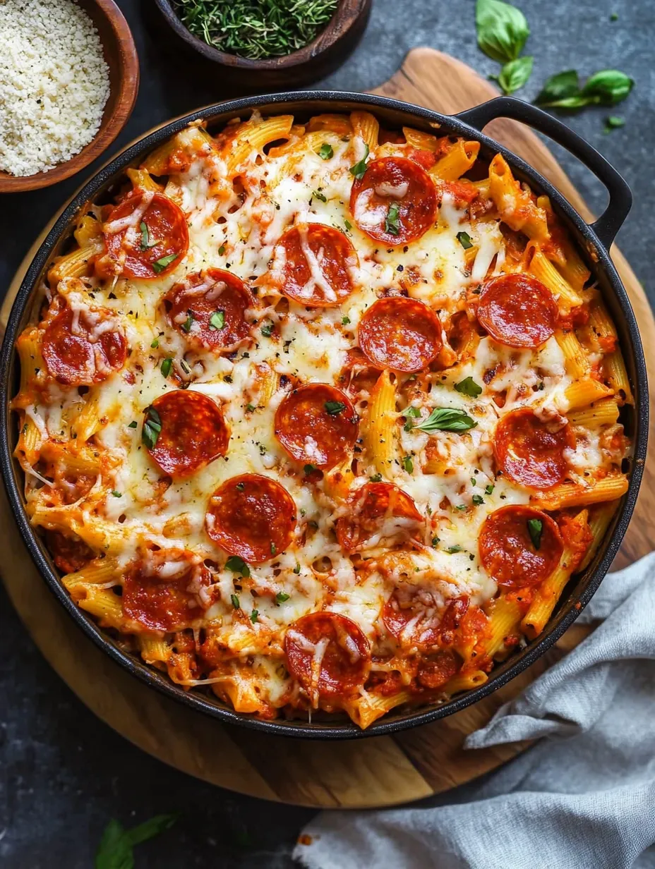 Eine Schüssel Pasta mit Peperoni und Käse.