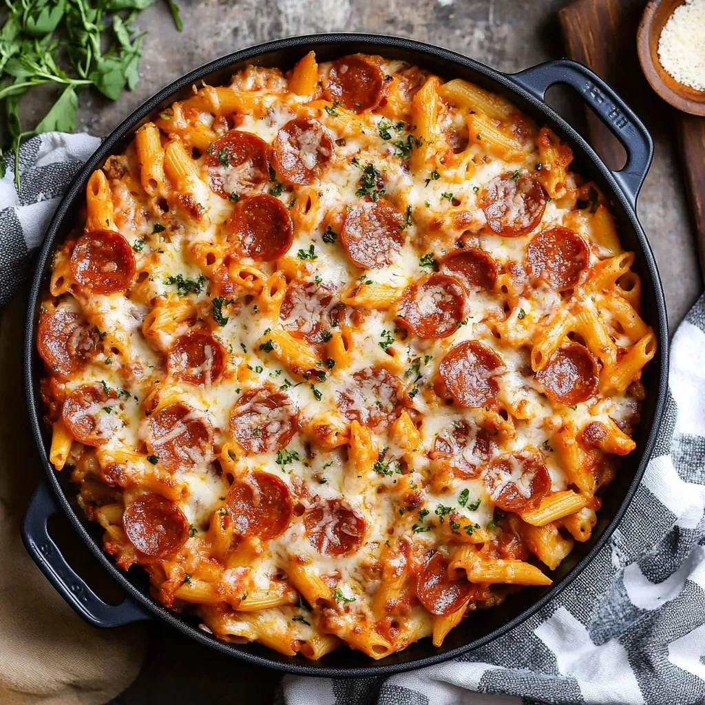 Eine Auflaufform mit Nudeln, Pepperoni und Käse.