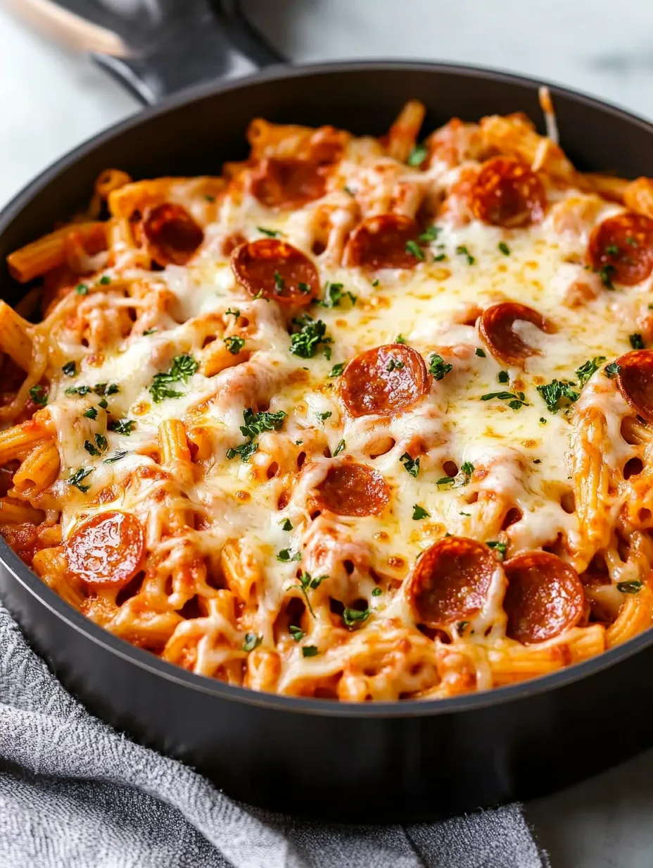Eine Schüssel Pasta mit Peperoni und Käse.