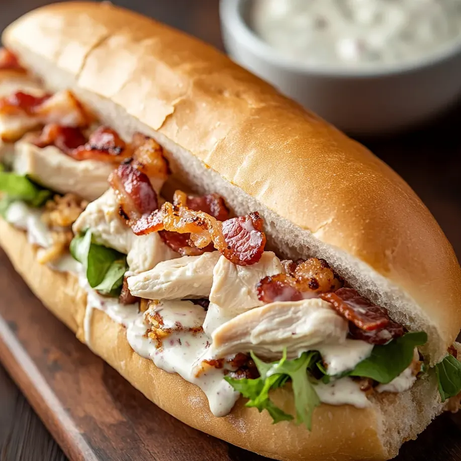 Ein Sandwich mit Speck und Hähnchen.