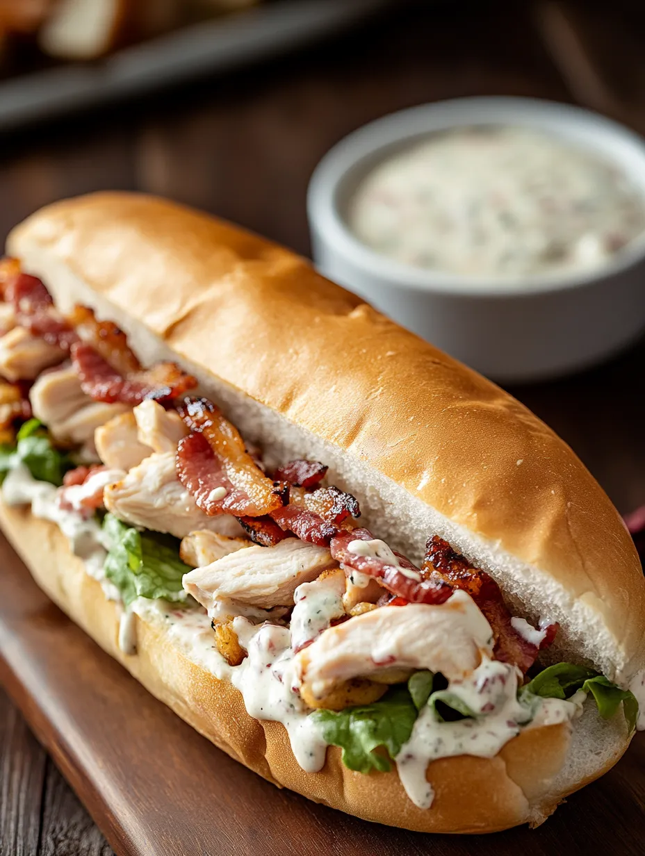 Ein Sandwich mit Hähnchen, Speck und Ranch-Dressing.