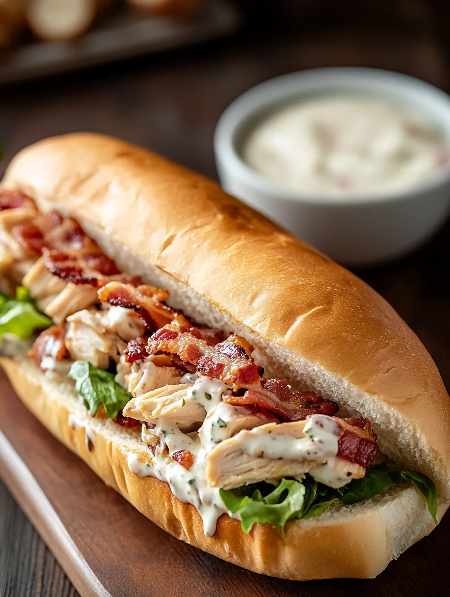 Ein Sandwich mit Speck und Hähnchen darauf.