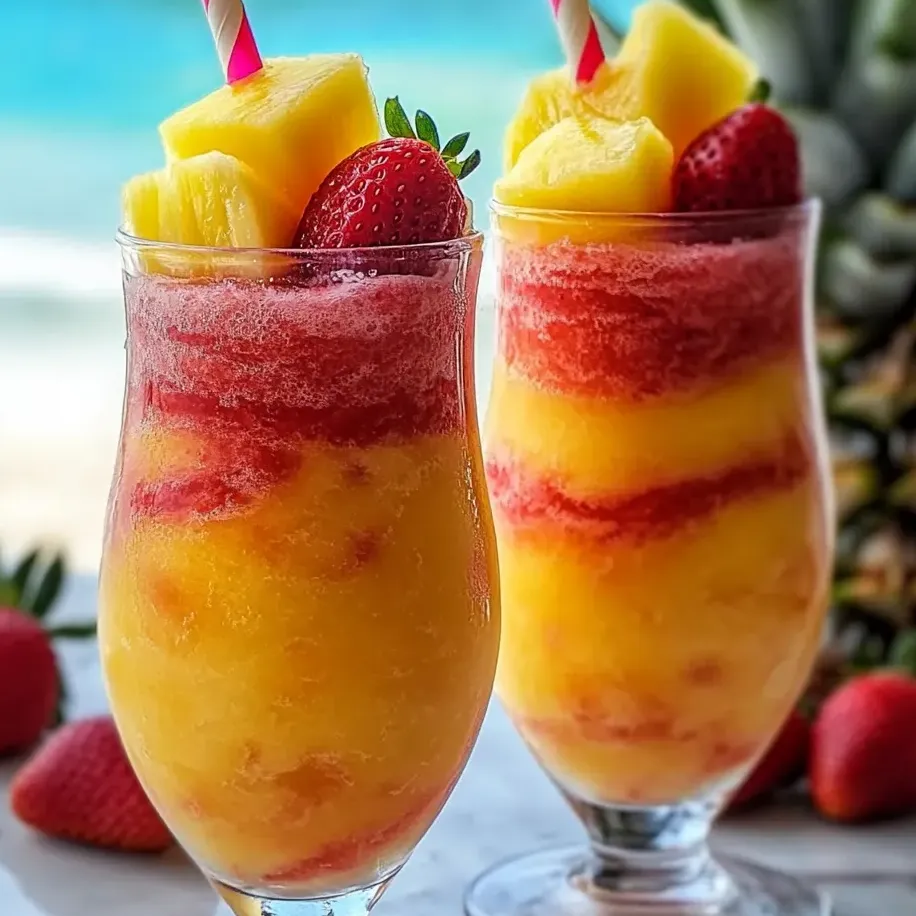 Zwei Gläser mit Ananas-Erdbeer Wirbel Slushies.