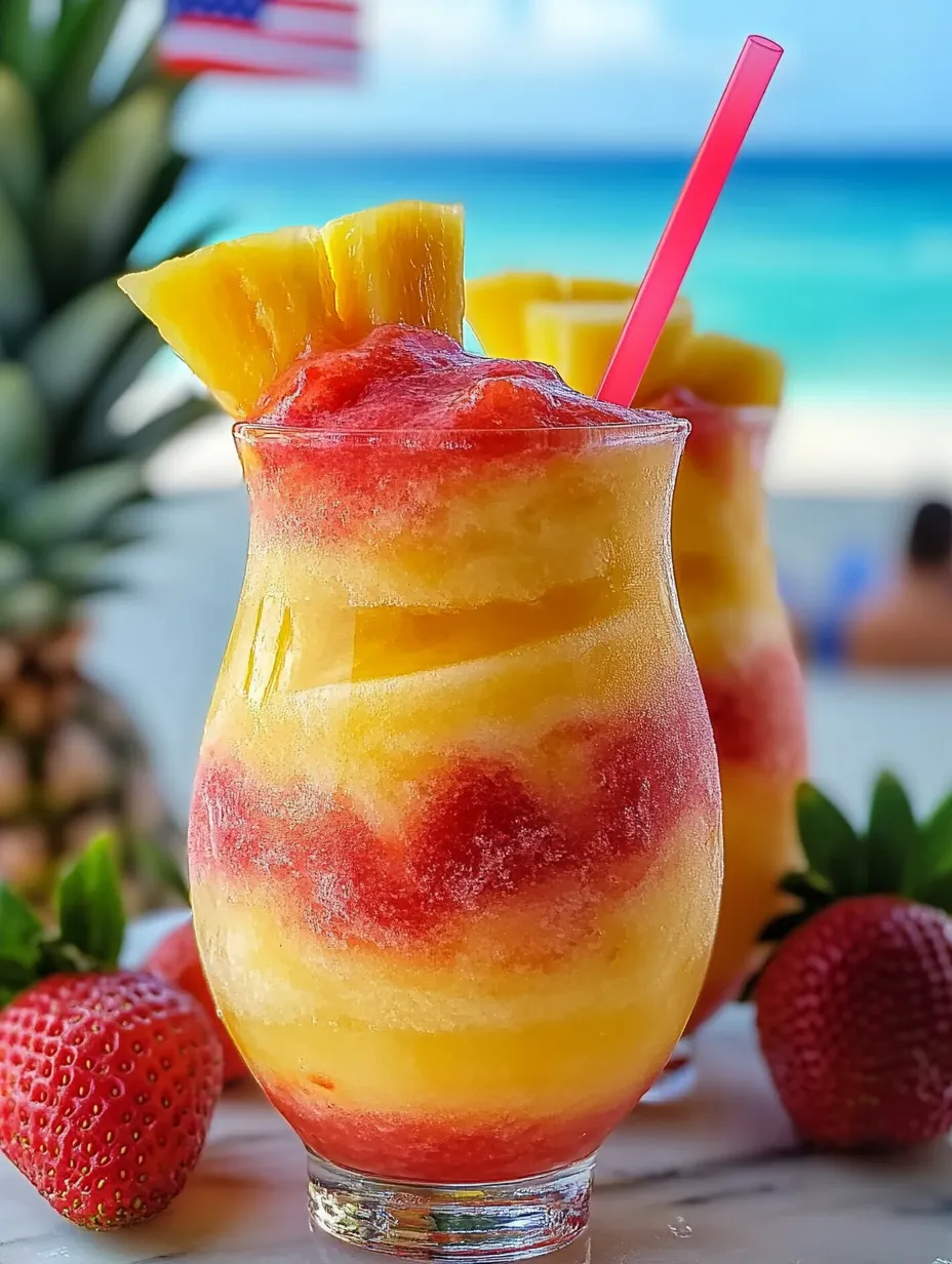 Zwei Ananas-Erdbeer-Wirbel-Slushies auf einem Tisch.