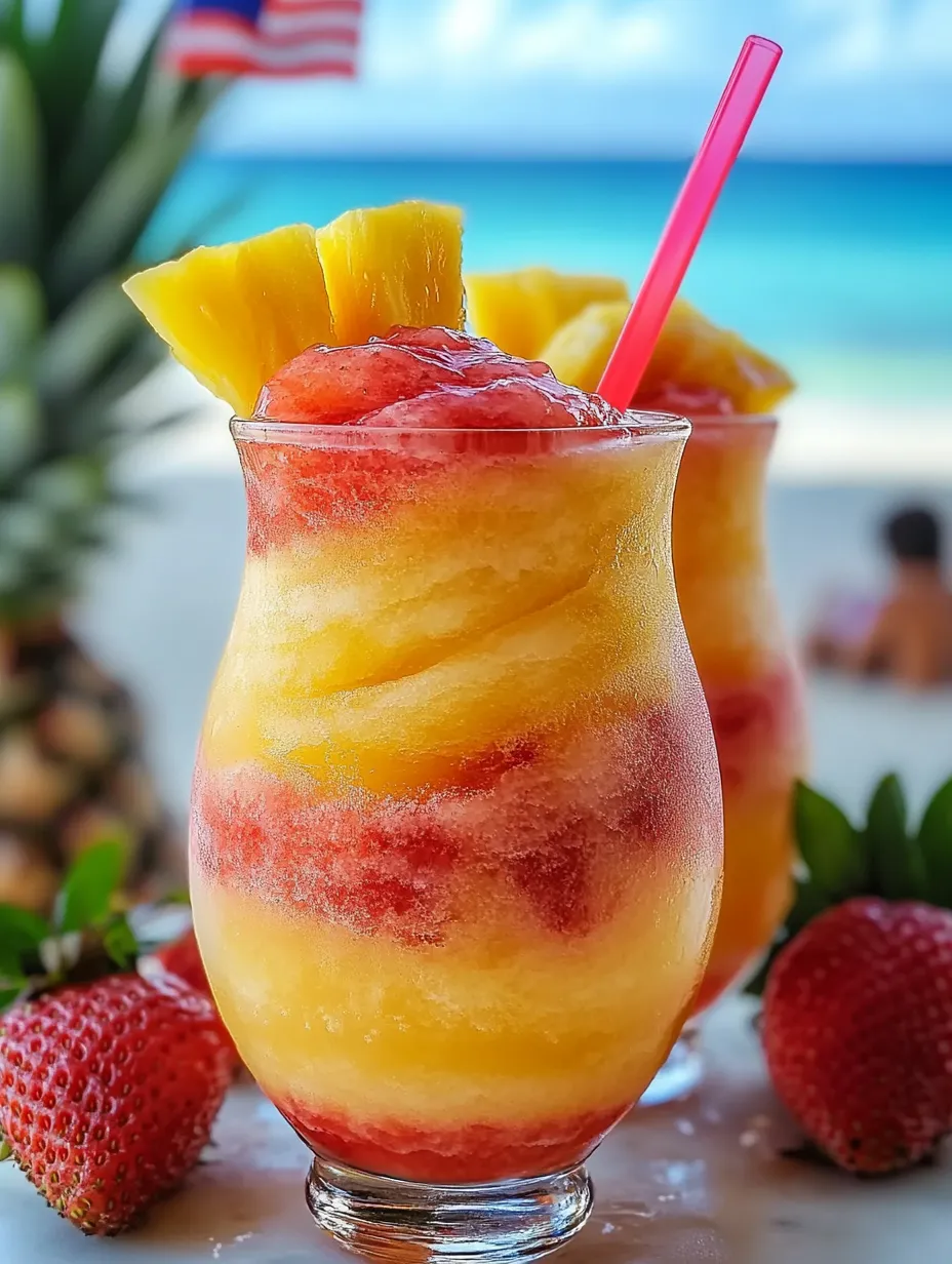 Zwei Gläser mit Ananas-Erdbeer-Wirbel-Slushies.