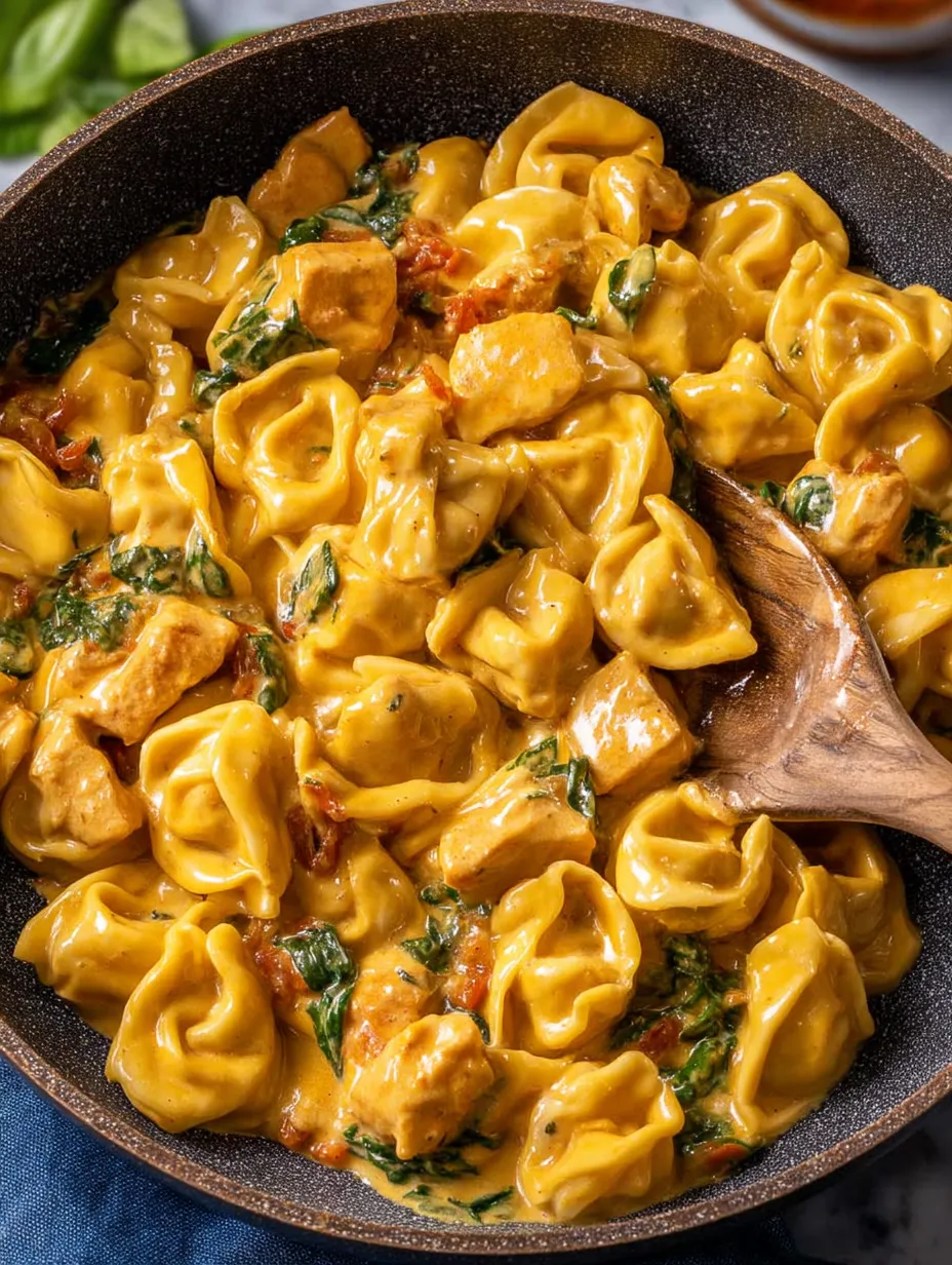 Eine Schüssel mit Hähnchen-Tortellini und einem Holzlöffel darin.
