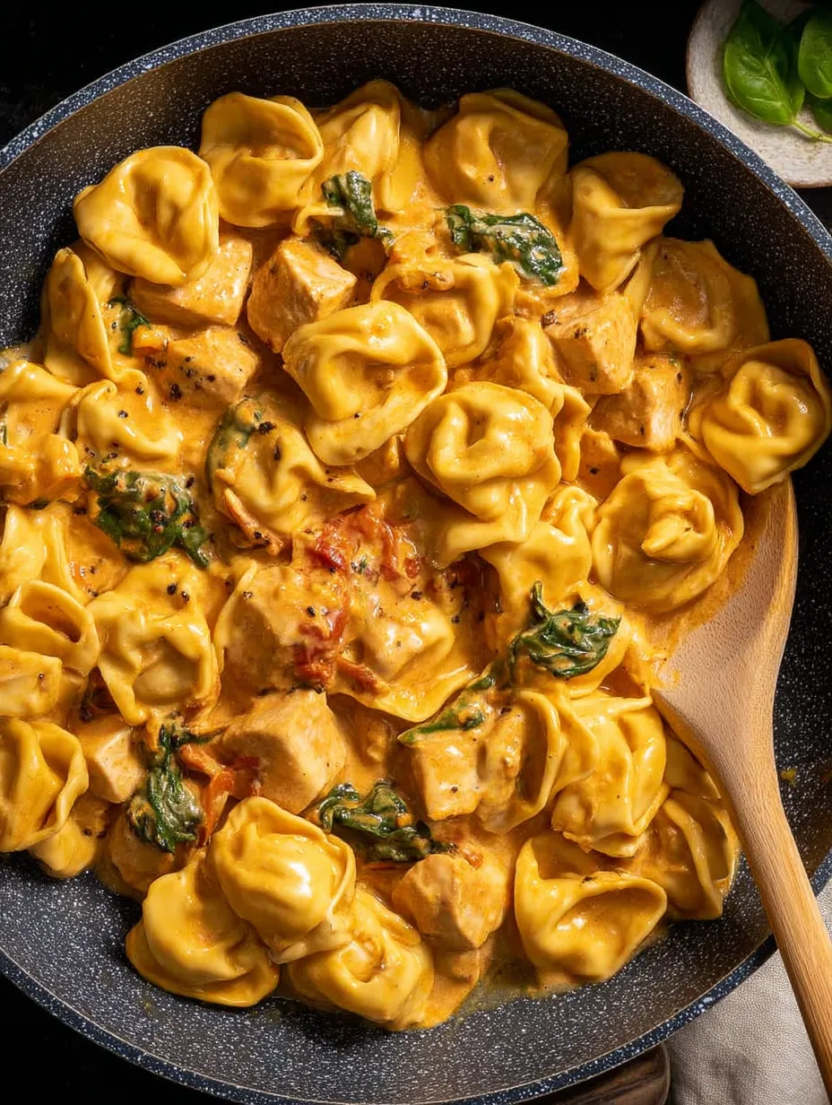 Eine Schüssel mit Hähnchen-Tortellini und einem Löffel darin.