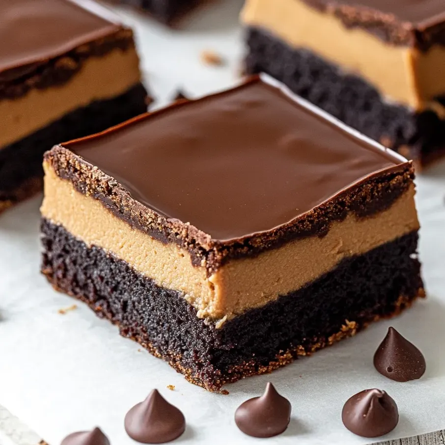Ein Stück Buckeye Brownie mit glänzender Ganache.