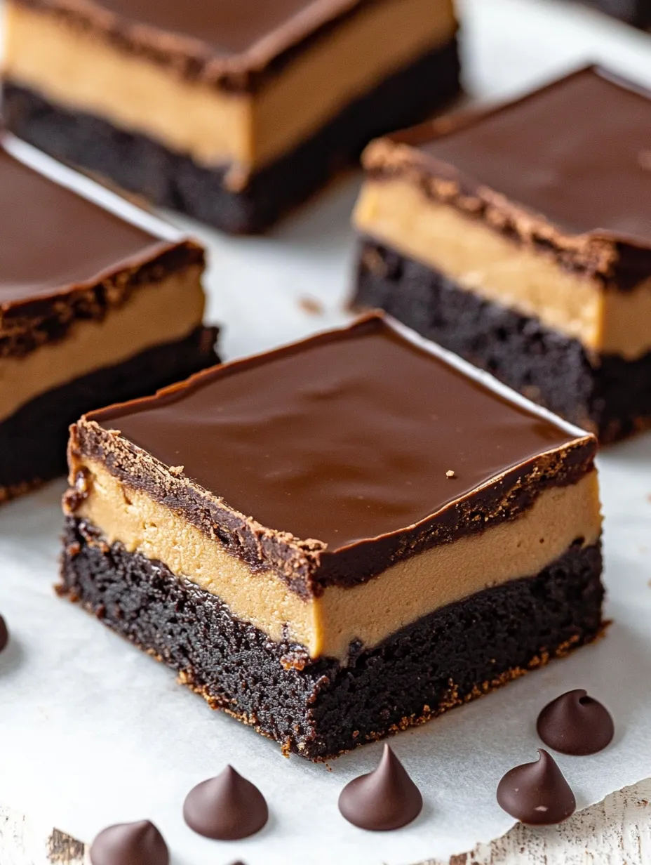 Schoko-Erdnuss-Brownie (Buckeye Style) in Nahaufnahme.