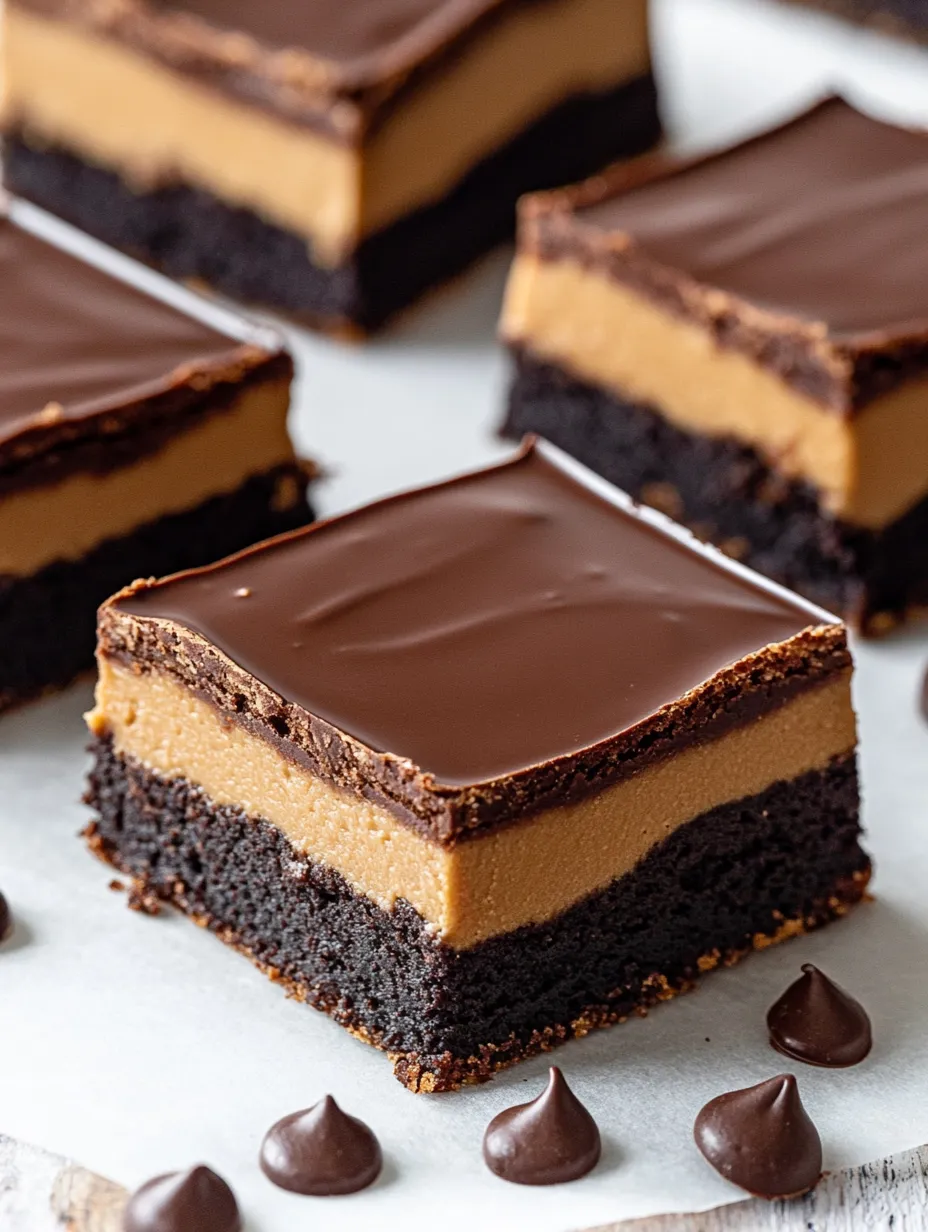 Ein Stück Buckeye Brownies, ganz nah mit glänzender Ganache.