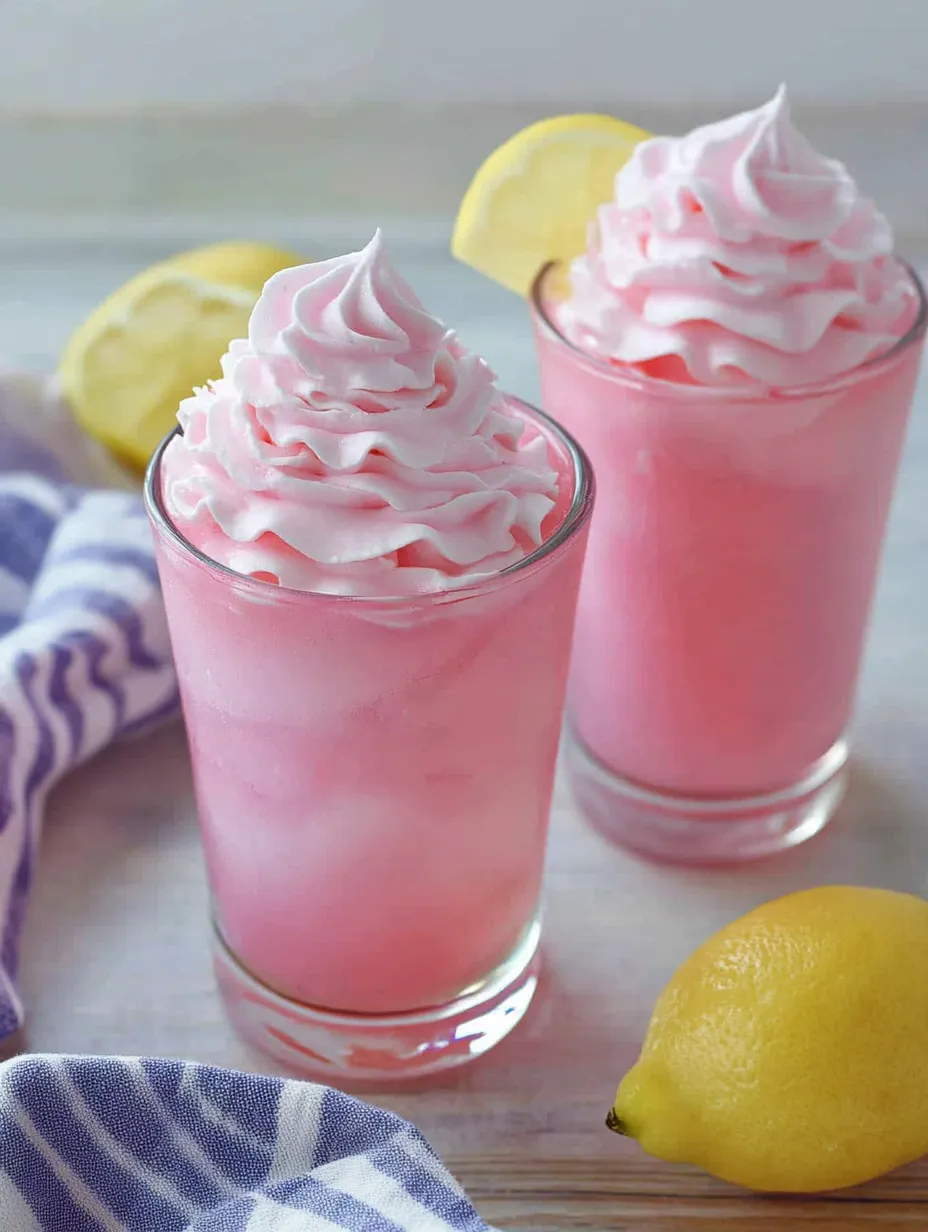 Zwei Gläser pinke Limonade mit Sahnehaube obendrauf.