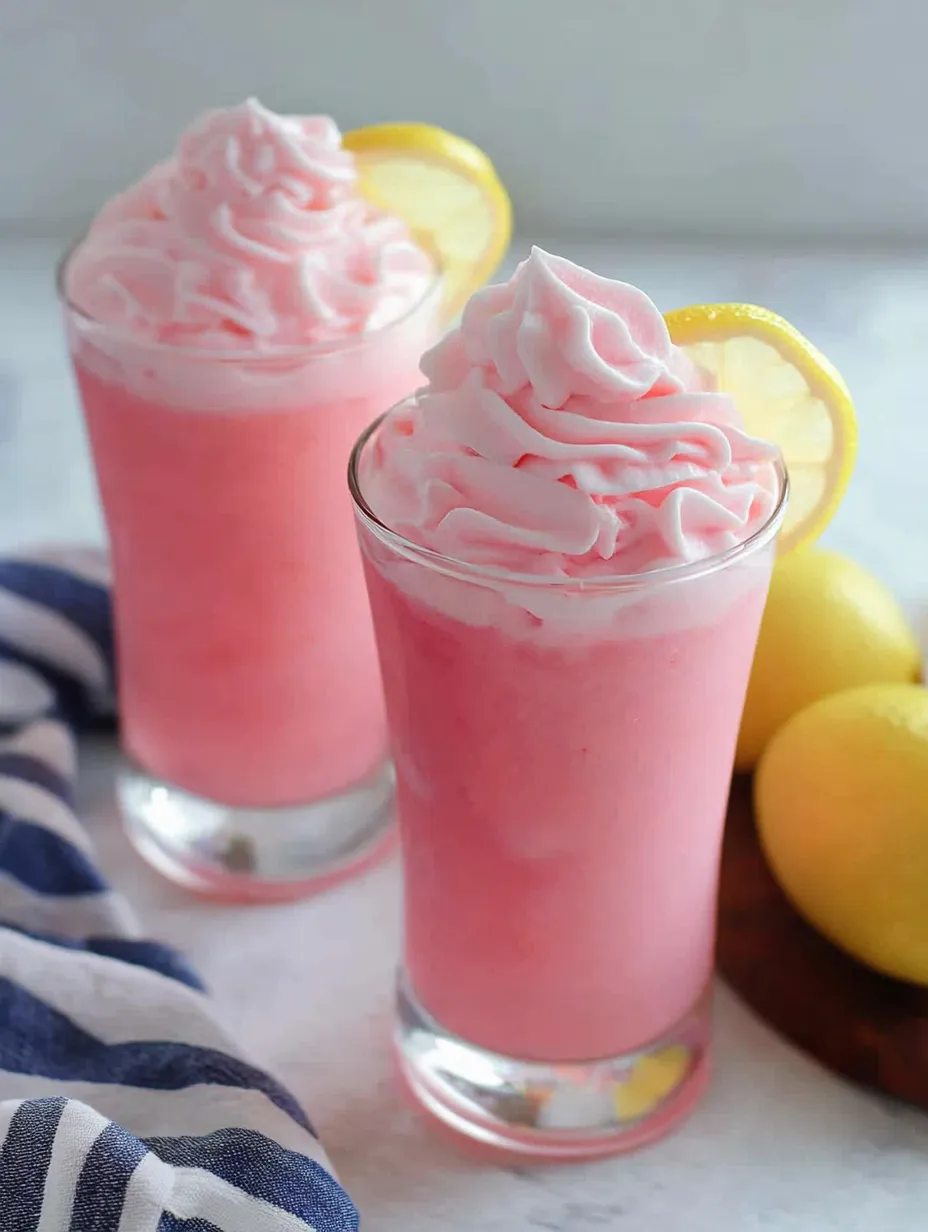 Zwei Gläser pinke Limonade mit Sahnehaube obendrauf.