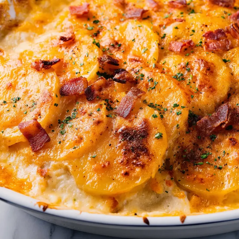 Ein Auflauf mit Kartoffeln und Bacon.