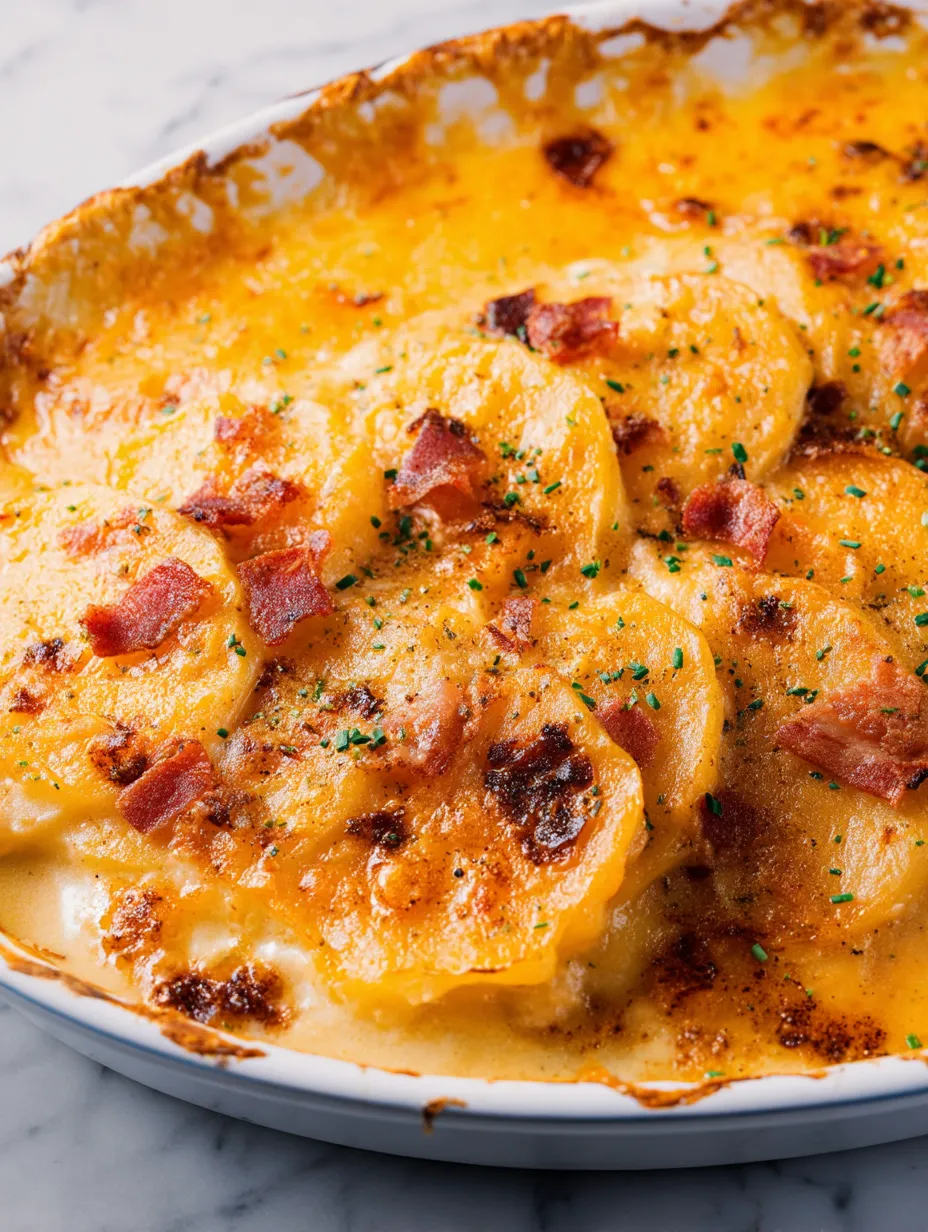 Ein Auflauf mit Kartoffeln, Fleischbacon und geschmolzenem Käse.