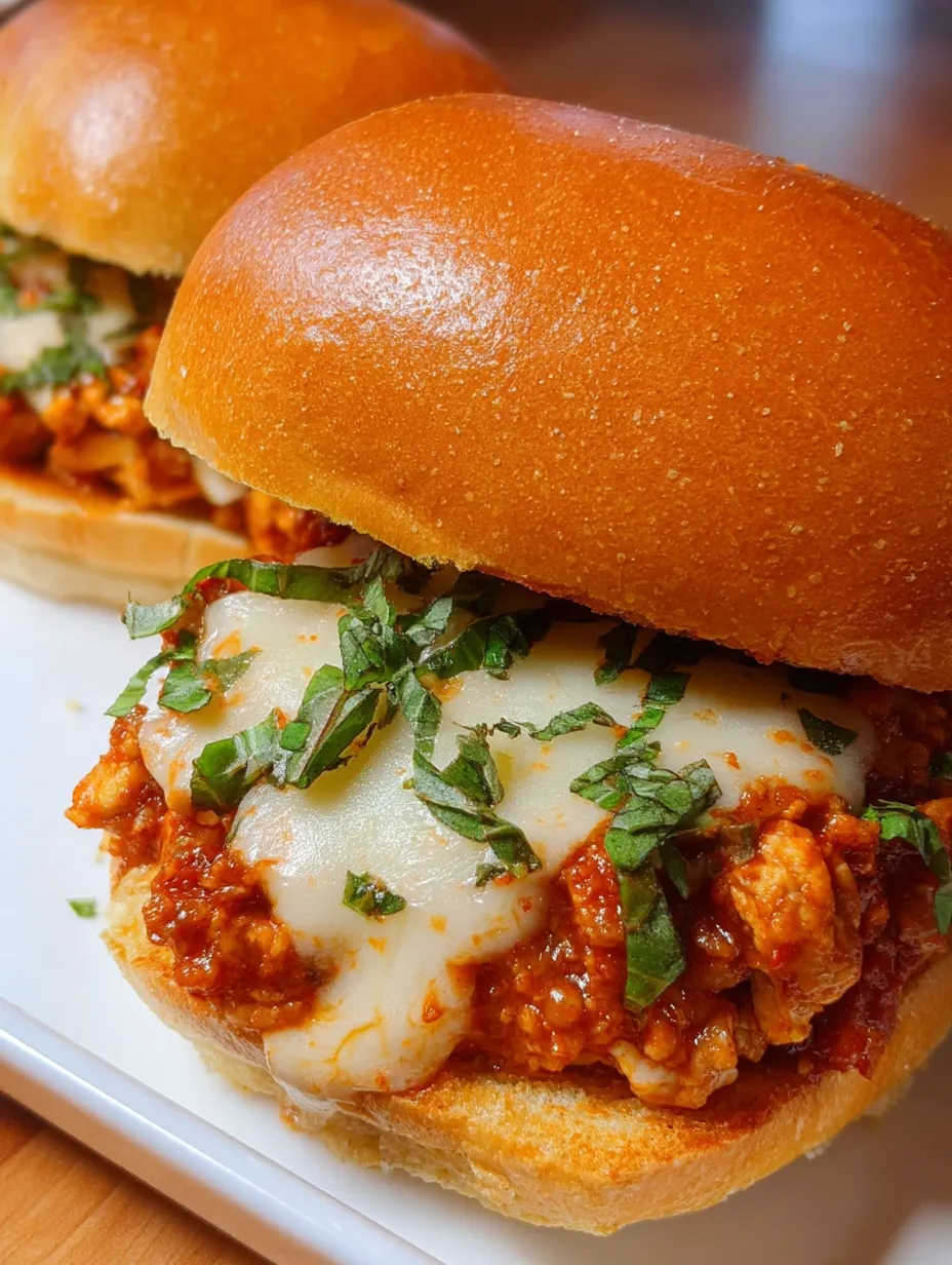 Zwei Chicken Parmesan Sloppy Joes im Brötchen.