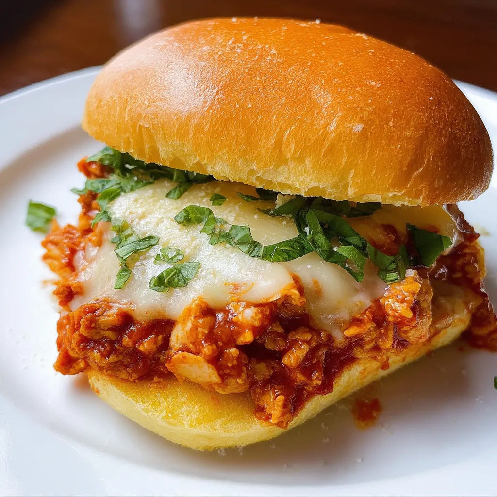 Saftiges Chicken Parmesan Joe Sandwich auf einem weißen Teller.