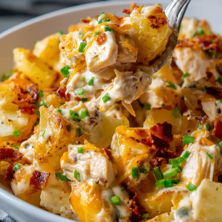 Schale mit herzhaftem Kartoffel-Huhn-Auflauf, getoppt mit Bacon und Käse.
